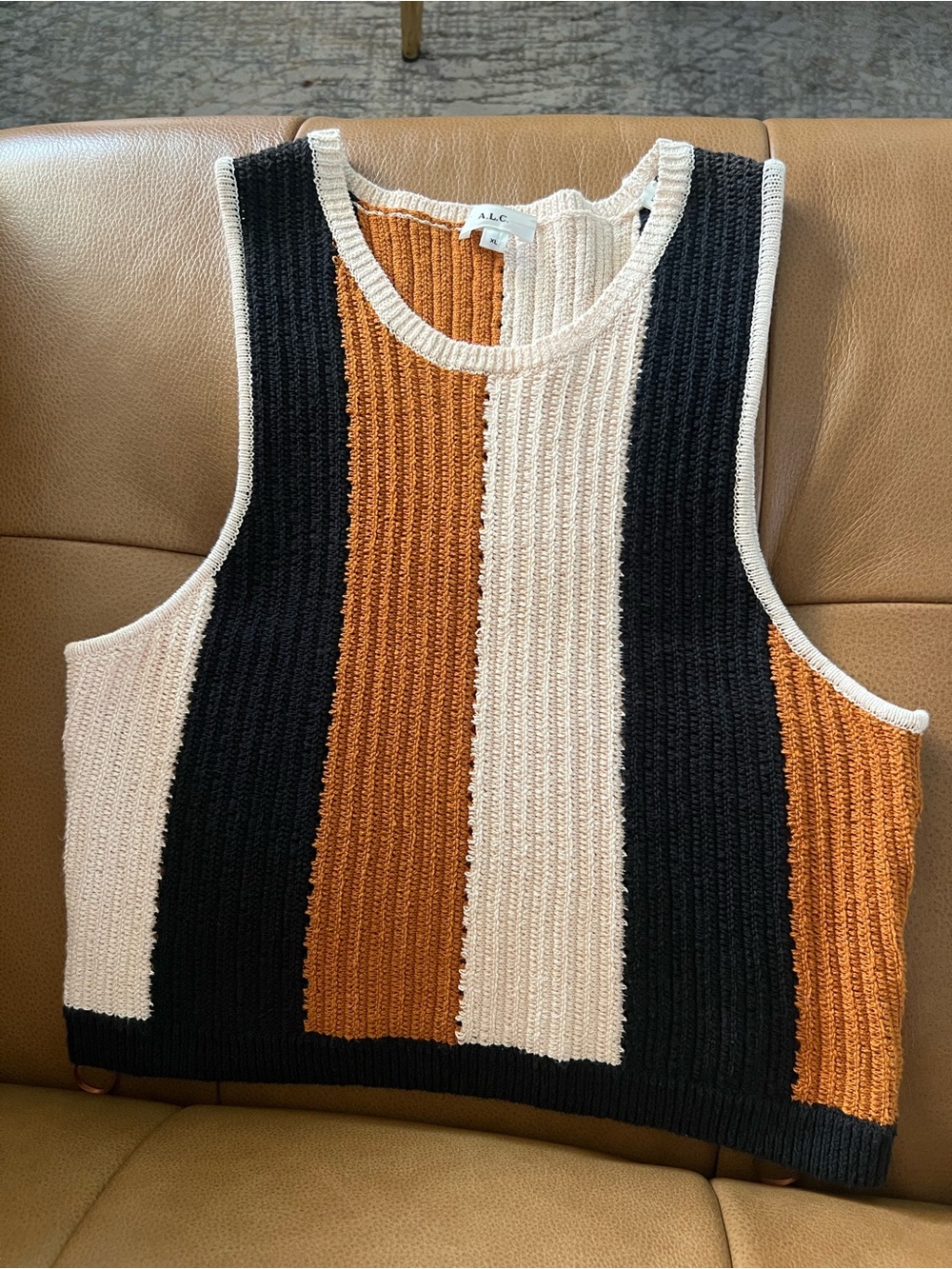 A.L.C. Striped Ribbed Knit Sleeveless Tank - Black, Cream & Rust